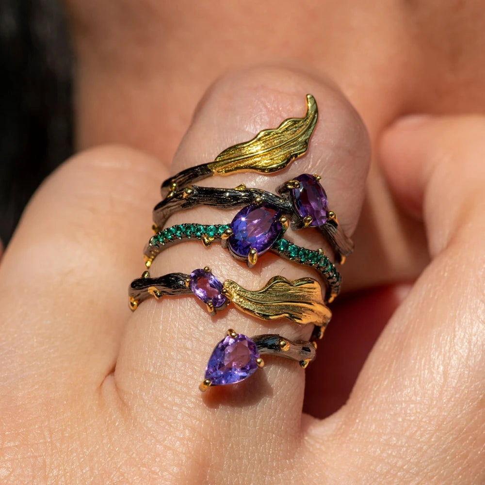 925 Sterling Silver 2.26Ct Amethyst Garnet Agate Diopside Ring, Certified Neo-Gothic Handmade, Spiritual Fine Jewelry