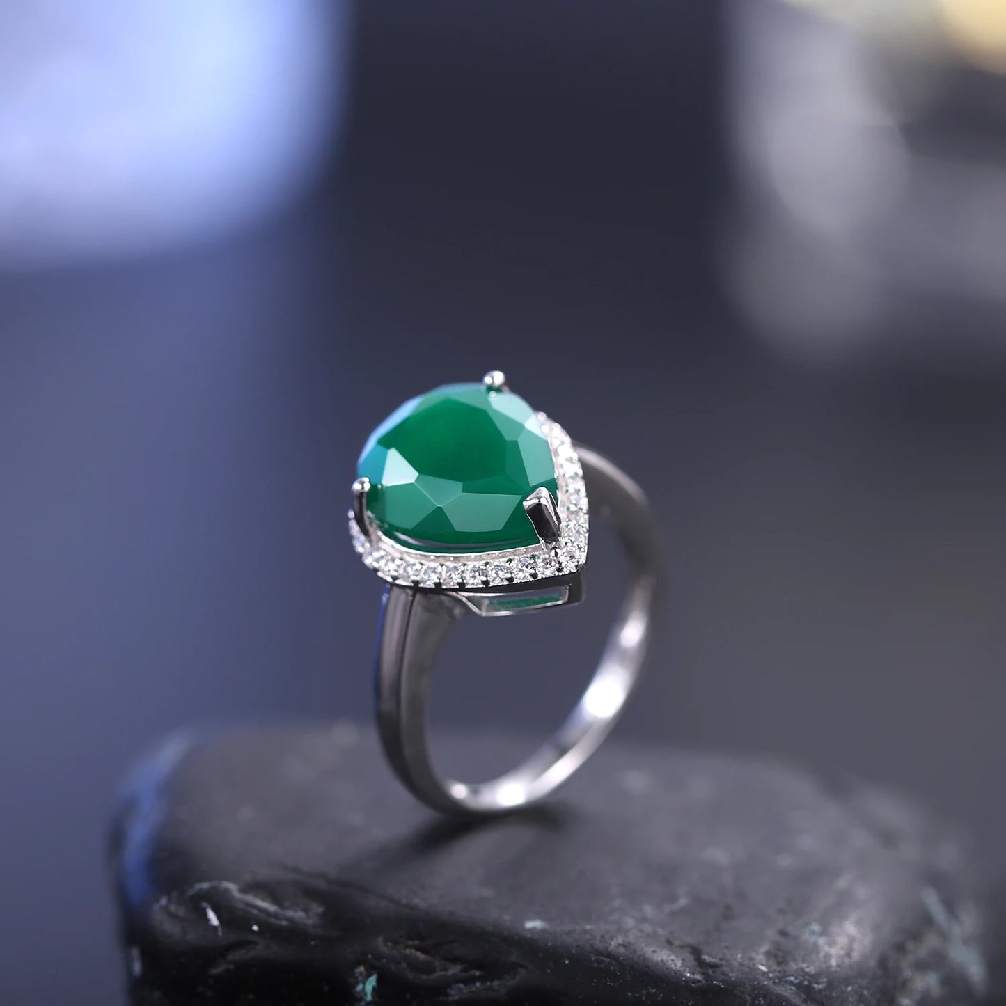 925 Sterling Silver 4.32Ct Green Agate Water Drop Ring – Certified Harmony