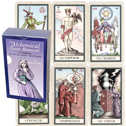 The Alchemical Tarot Renewed 6th Edition deck by Robert M. Place – blue box and major arcana cards: The Fool, Emperor, Chariot, Strength, Temperance, Tower