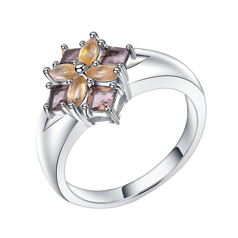 925 Sterling Silver Smoky Quartz Citrine Flower Ring