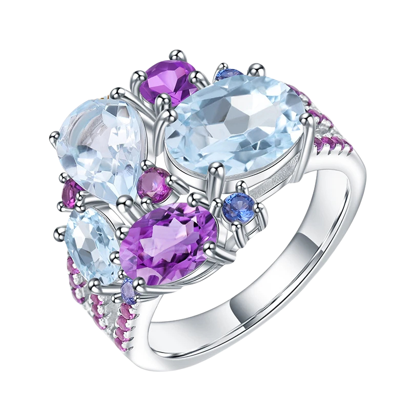 925 Sterling Silver 5.65Ct Sky Blue Topaz Amethyst Crystal Ring