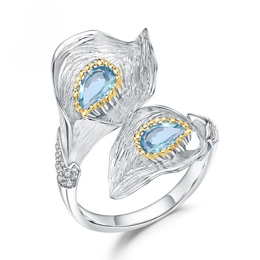 925 Sterling Silver 1.33Ct Swiss Blue Topaz Calla Lily Ring