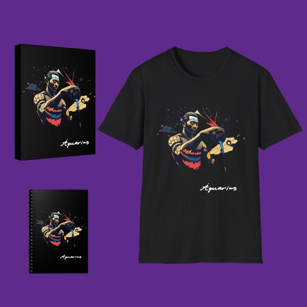 Black t-shirt, notebook, and canvas print with 'Aquarius' design on a purple background