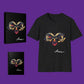 Black t-shirt, notebook, and canvas print with Aries zodiac symbol design on a purple background