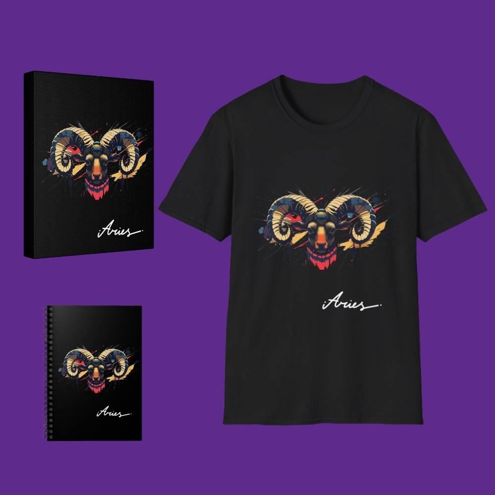 Black t-shirt, notebook, and canvas print with Aries zodiac symbol design on a purple background