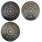 Three black and gold Wheel of the Year divination boards displayed together, each featuring a central sun and moon design, zodiac symbols, sabbat names (Yule, Imbolc, Ostara, Beltane, Litha, Lammas, Mabon, Samhain), and moon phase markers around the edge. Pagan seasonal wheel set.