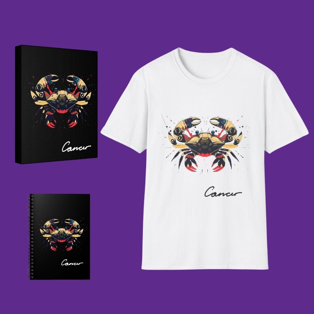 White t-shirt with Cancer zodiac design, Canvas print of a colorful Cancer zodiac sign design on a black canvas and a Notebook with Cancer zodiac design on a black notebook on a purple background