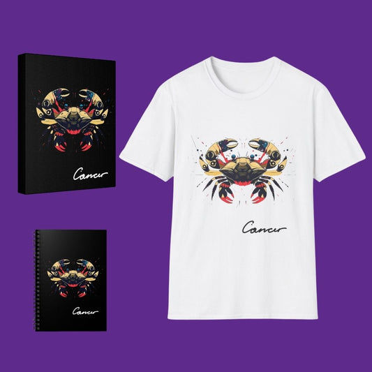 White t-shirt with Cancer zodiac design, Canvas print of a colorful Cancer zodiac sign design on a black canvas and a Notebook with Cancer zodiac design on a black notebook on a purple background