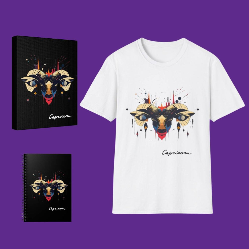 White T-shirt, black notebook, and blacck canvas print with Capricorn zodiac design on a purple background