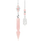 Silver pendulum with a long polished rose quartz crystal point, featuring a Star of David charm with rose quartz beads above. Beside it is a matching silver dreamcatcher charm with rose quartz beads and feather details. Crystal dowsing tool set.