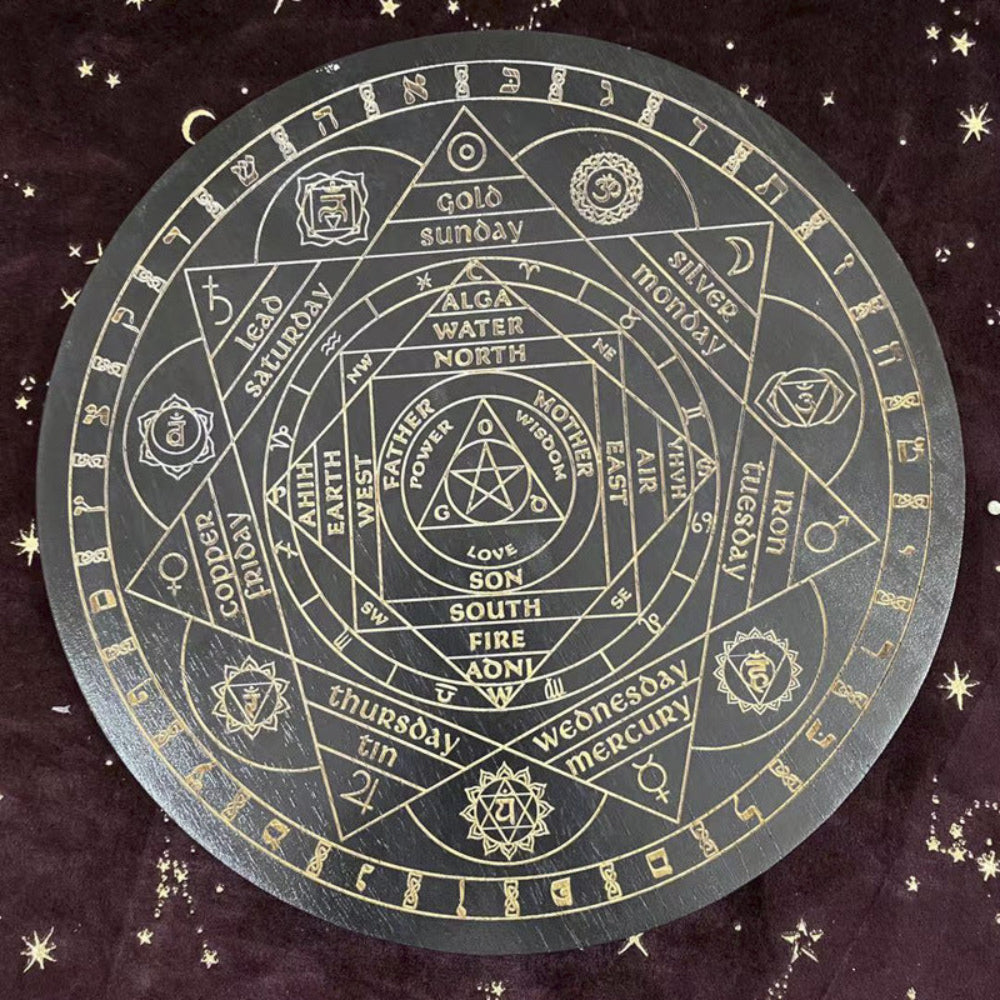 Black and gold astrology wheel divination board featuring planetary days (Sunday - Gold, Monday - Silver, Tuesday - Iron, Wednesday - Mercury, Thursday - Tin, Friday - Copper, Saturday - Lead), directional elements, and sacred symbols including Om, Star of David, and chakra designs. Detailed pagan spiritual tool.