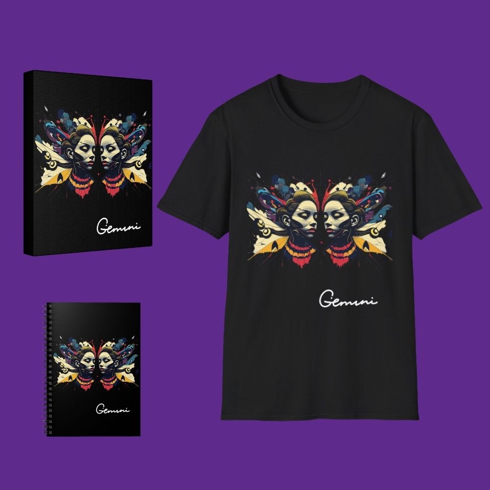 Black t-shirt, notebook, and canvas print with 'Gemini' design on a purple background