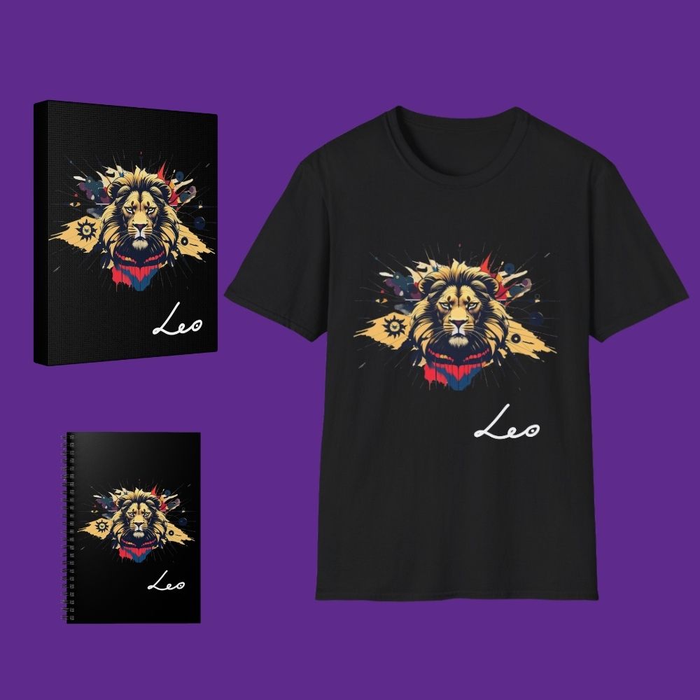 Colorful illustration of a lion with 'Leo' written below on a black canvas, a notebook with a colorful lion design and 'Leo' text on a black notebook, and a colorful illustration of a lion with 'Leo' written on a black t-shirt on a purple background