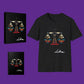 Black t-shirt, notebook, and canvas print with Libra zodiac design on a purple background