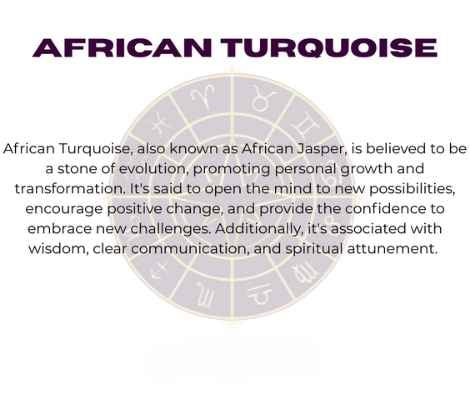 African Turquoise crystal with zodiac wheel background, text overlay reading "AFRICAN TURQUOISE" and spiritual benefits including promoting personal growth, transformation, evolution, opening the mind to new possibilities, encouraging confidence to embrace change, wisdom, clear communication, and spiritual attunement.