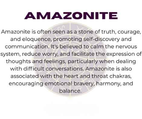 Amazonite crystal with zodiac wheel background, text overlay reading "AMAZONITE" and spiritual benefits including truth, courage, eloquence, self-discovery, communication, calming the nervous system, reducing worry, heart and throat chakra balance, emotional bravery, harmony, and facilitating expression in difficult conversations.