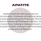 Apatite crystal with zodiac wheel background, text overlay reading "APATITE" and spiritual benefits including communication, motivation, spiritual growth, stimulating throat and third eye chakras, enhancing self-expression, intuition, clarity, mental focus, releasing confusion, inspiring positive action, personal power, and manifestation.