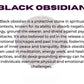 Black obsidian crystal with zodiac wheel background, text overlay reading "BLACK OBSIDIAN" and spiritual benefits including protection from negative energy, grounding, shielding against psychic attacks, releasing emotional blockages and past traumas, fostering inner peace, tranquility, and aiding deep energy healing.