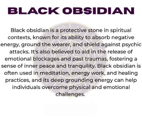 Black obsidian crystal with zodiac wheel background, text overlay reading "BLACK OBSIDIAN" and spiritual benefits including protection from negative energy, grounding, shielding against psychic attacks, releasing emotional blockages and past traumas, fostering inner peace, tranquility, and aiding deep energy healing.