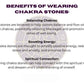 Chakra stones illustration with balancing chakras diagram background, text overlay reading "BENEFITS OF WEARING CHAKRA STONES" and benefits including balancing chakras to relieve blockages, boosting positive energy, reducing stress and anxiety, enhancing focus, and deepening spiritual connection and self-understanding.
