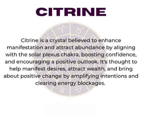 Citrine crystal with zodiac wheel background, text overlay reading "CITRINE" and spiritual benefits including enhancing manifestation, attracting abundance, aligning with solar plexus chakra, boosting confidence, encouraging positive outlook, manifesting desires, attracting wealth, amplifying intentions, and clearing energy blockages.