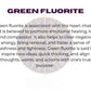 Green fluorite crystal with zodiac wheel background, text overlay reading "GREEN FLUORITE" and spiritual benefits including heart chakra association, emotional healing, love, compassion, clearing negative energy, renewal, freshness, lightness, inspiring new ideas, quick thinking, and aligning thoughts, words, actions with true purpose.