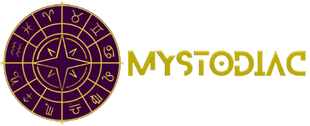 Purple and gold Mystodiac logo: a large circular zodiac wheel displaying all 12 astrological signs, with an ornate compass rose at the center, surrounded by gold text reading MYSTODIAC, set against a transparent  background