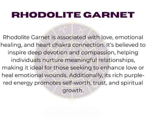 Rhodolite garnet crystal with zodiac wheel background, text overlay reading "RHODOLITE GARNET" and spiritual benefits including love, emotional healing, heart chakra connection, inspiring devotion, compassion, nurturing meaningful relationships, enhancing love, healing emotional wounds, promoting self-worth, trust, and spiritual growth.