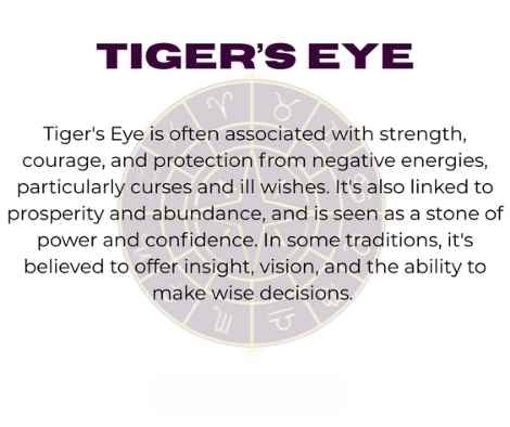 Tiger's Eye crystal with zodiac wheel background, text overlay reading "TIGER'S EYE" and spiritual benefits including strength, courage, protection from negative energies, curses, and ill wishes, promoting prosperity, abundance, power, confidence, insight, vision, and wise decision-making.