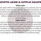 White jade and apple agate crystals with zodiac wheel background, text overlay reading "WHITE JADE & APPLE AGATE" and spiritual benefits including purity, serenity, calm, power, business success, health, love luck, self-connection, enlightenment for white jade; grounding, balance, stability, creativity, courage, life force, and positive energy for apple agate.