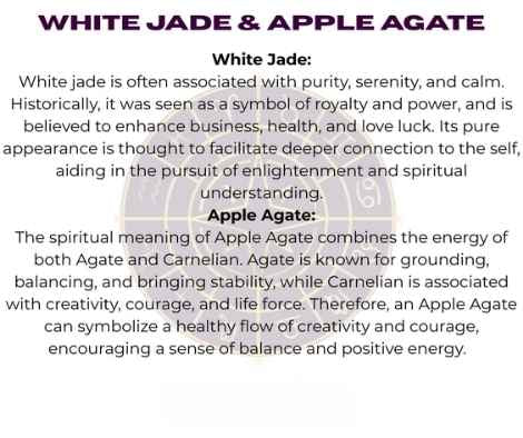 White jade and apple agate crystals with zodiac wheel background, text overlay reading "WHITE JADE & APPLE AGATE" and spiritual benefits including purity, serenity, calm, power, business success, health, love luck, self-connection, enlightenment for white jade; grounding, balance, stability, creativity, courage, life force, and positive energy for apple agate.