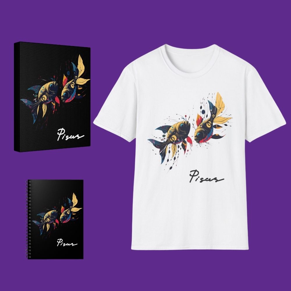 White t-shirt with 2 fish design and 'Pisces' text, black notebook with same design, and black canvas print with same design on purple background