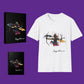 black print canvas, black notebook, and white t-shirt with colorful illustrations of an archer with the text, "SAGITTARIUS" on a purple background