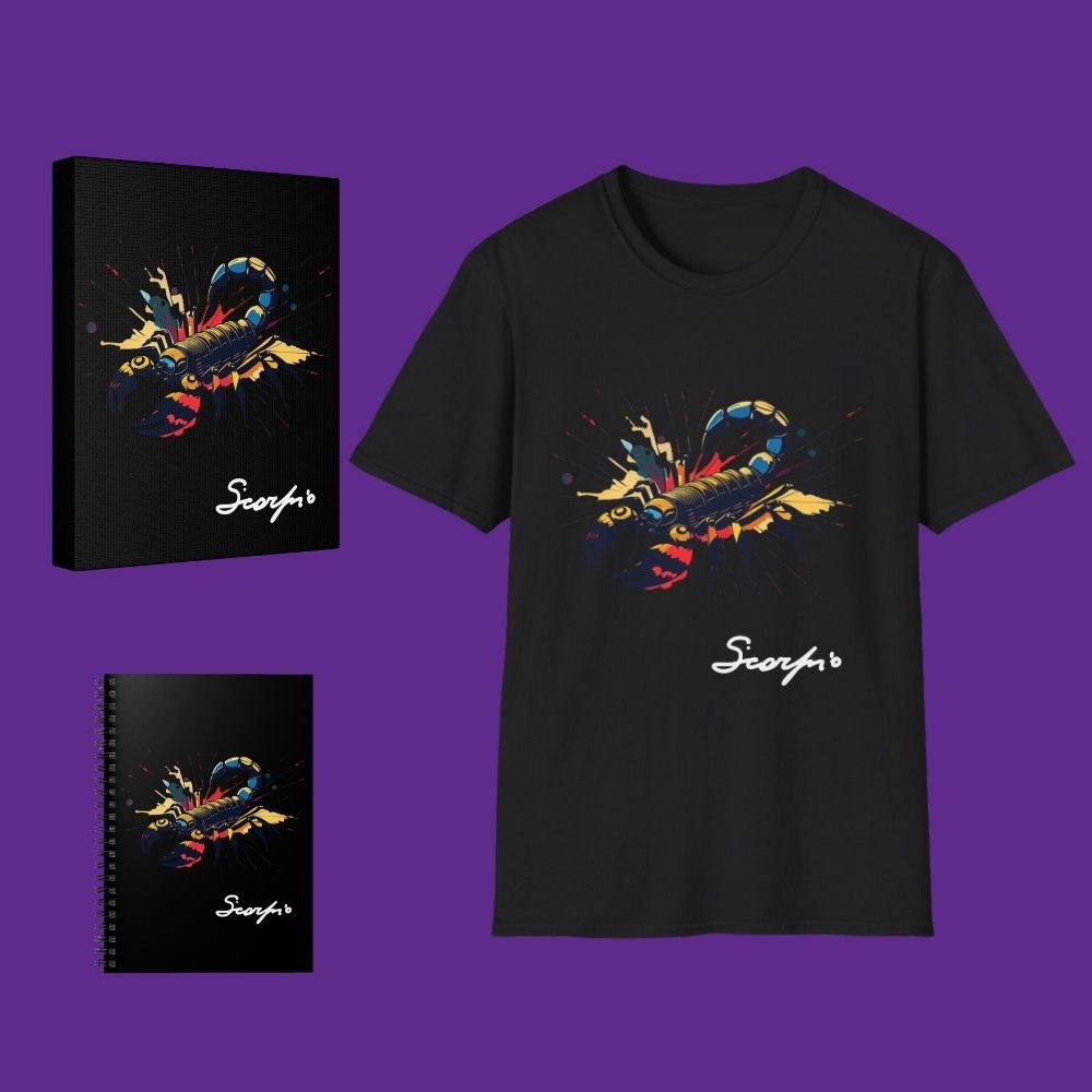 Black t-shirt, notebook, and canvas print with Scorpio zodiac design on a purple background