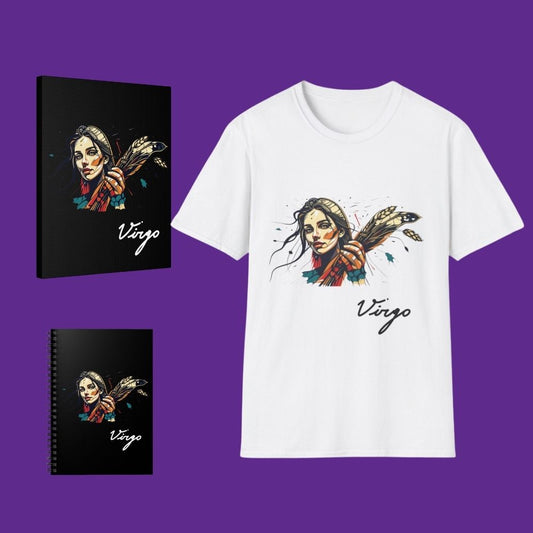 White t-shirt and black notebook, and black canvas with 'VIRGO' design on a purple background